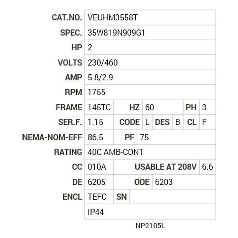 VEUHM3558T Baldor 2 HP, 1755 RPM, 3 PH, 60 HZ, 145TC, 3528M, TEFC, F3 Motor Nameplate - view 2