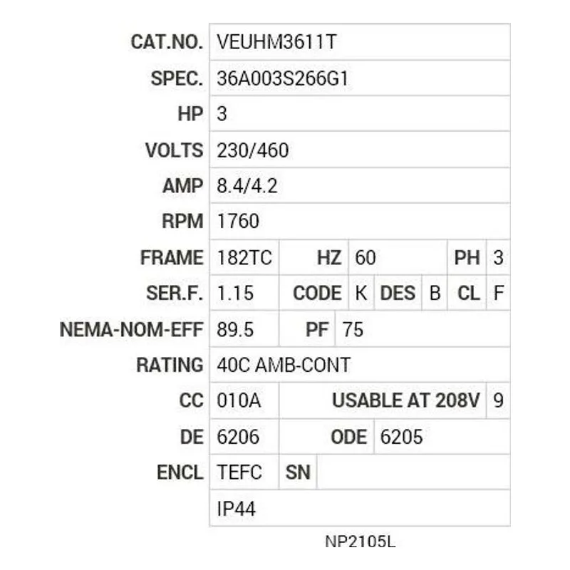 VEUHM3611T Baldor 3 HP, 1760 RPM, 3 PH, 60 HZ, 182TC, 3631M, TEFC, F1 Motor Nameplate - view 2