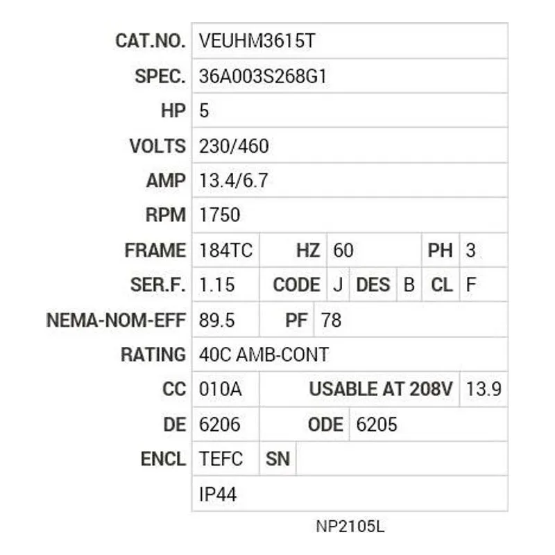 VEUHM3615T Baldor 5 HP, 1750 RPM, 3 PH, 60 HZ, 184TC, 3642M, TEFC, F1 Motor Nameplate - view 2