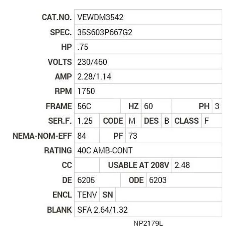 VEWDM3542 Baldor .75 HP, 1750 RPM, 3 PH, 60 HZ, 56C, 3517M, TENV, F1 Motor Nameplate - view 2
