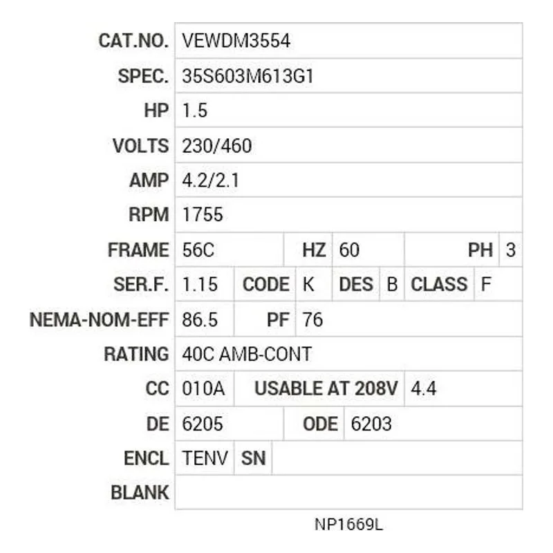 VEWDM3554 Baldor 1.5 HP, 1755 RPM, 3 PH, 60 HZ, 56C, 3533M, TENV, F1 Motor Nameplate - view 2