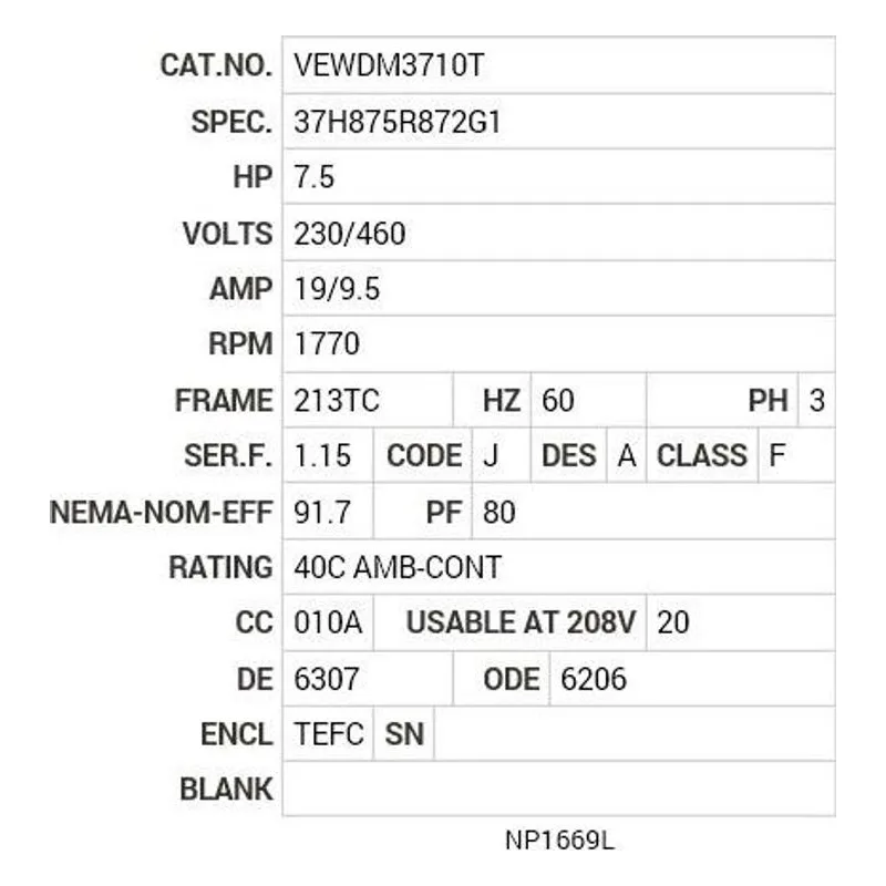 VEWDM3710T Baldor 7.5 HP, 1770 RPM, 3 PH, 60 HZ, 213TC, 3738M, TEFC Motor Nameplate - view 2