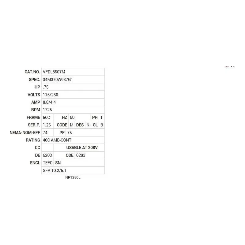 VFDL3507M Baldor .75 HP, 1725 RPM, 1 PH, 60 HZ, 56C, 3432LC, TEFC, F Motor Nameplate - view 2