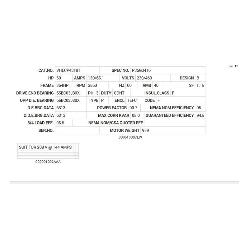 VHECP4310T Baldor 60 HP, 3550 RPM, 3 PH, 60 HZ, 364 HP, 1452M, TEFC, F Motor Nameplate - view 2