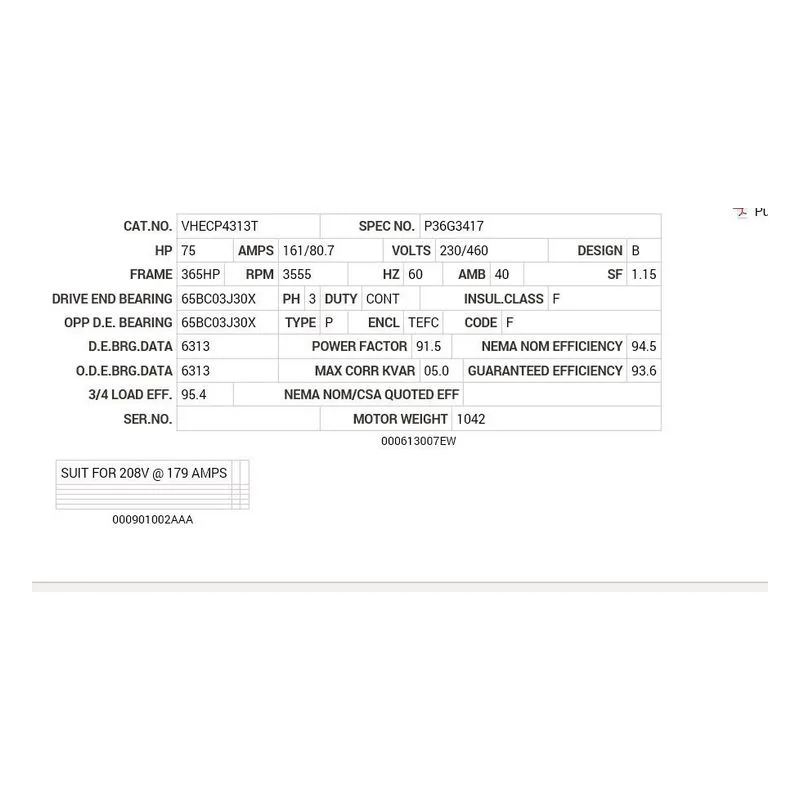 VHECP4313T Baldor 75 HP, 3550 RPM, 3 PH, 60 HZ, 365 HP, 1464M, TEFC, F Motor Nameplate - view 2