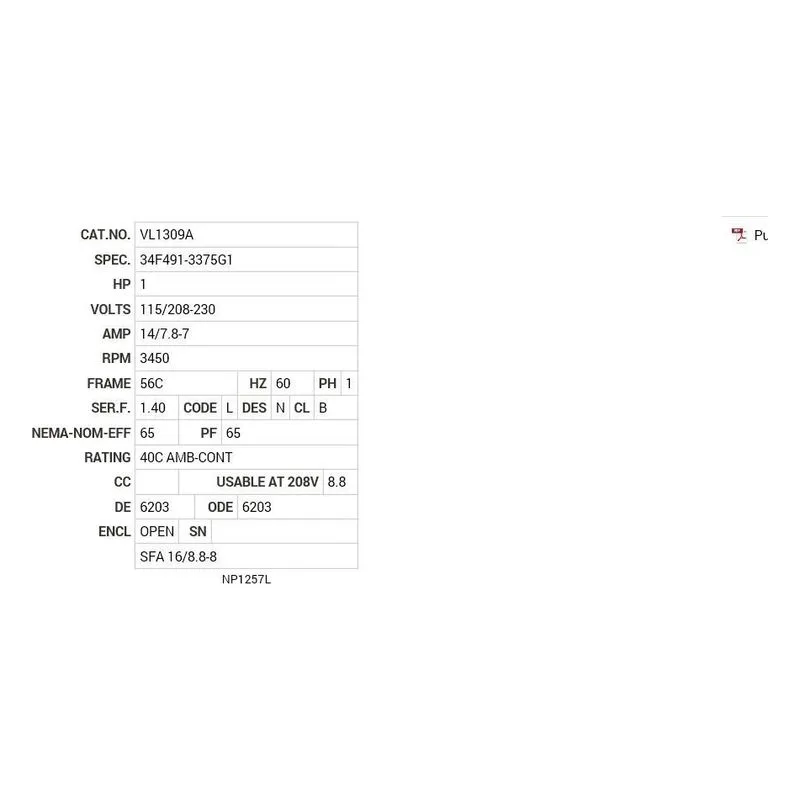 VL1309A Baldor 1 HP, 3450 RPM, 1 PH, 60 HZ, 56C, 3428L, OPEN, F1 Motor Nameplate - view 2