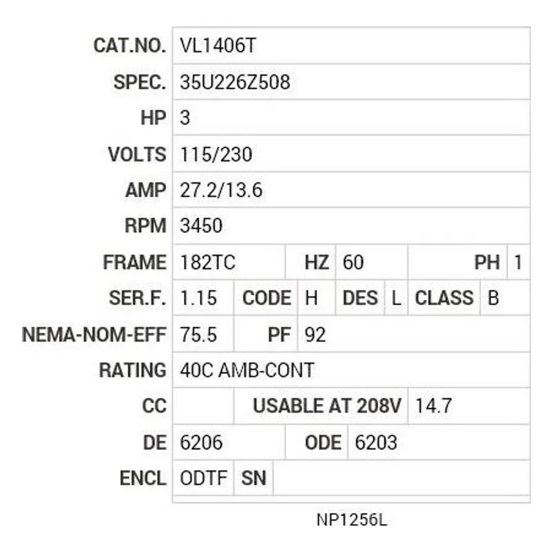 VL1406T Baldor 3 HP, 3450 RPM, 1 PH, 60 HZ, 182TC, 3532LC, ODTF Motor Nameplate - view 2