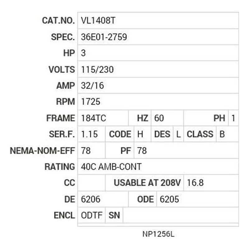 VL1408T Baldor 3 HP, 1725 RPM, 1 PH, 60 HZ, 184TC, 3634LC, OPEN Motor Nameplate - view 2