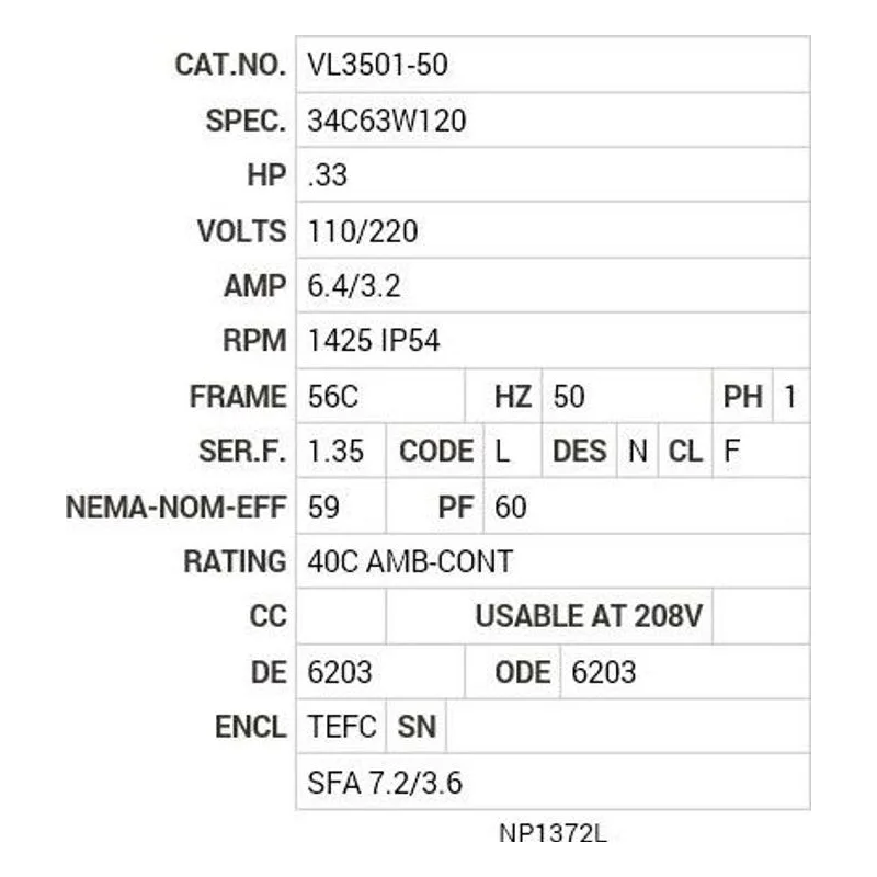 VL3501-50 Baldor .33 HP, 1425 RPM, 1 PH, 50 HZ, 56C, 3418L, TEFC, F1 Motor Nameplate - view 2