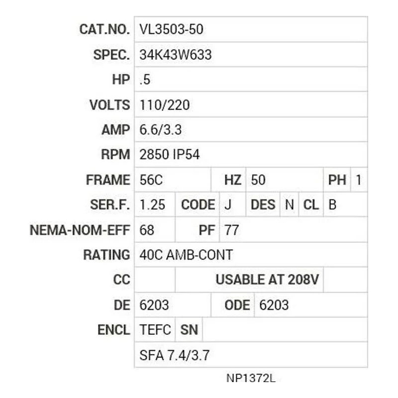 VL3503-50 Baldor .5 HP, 2850 RPM, 1 PH, 50 HZ, 56C, 3420L, TEFC, F1 Motor Nameplate - view 2