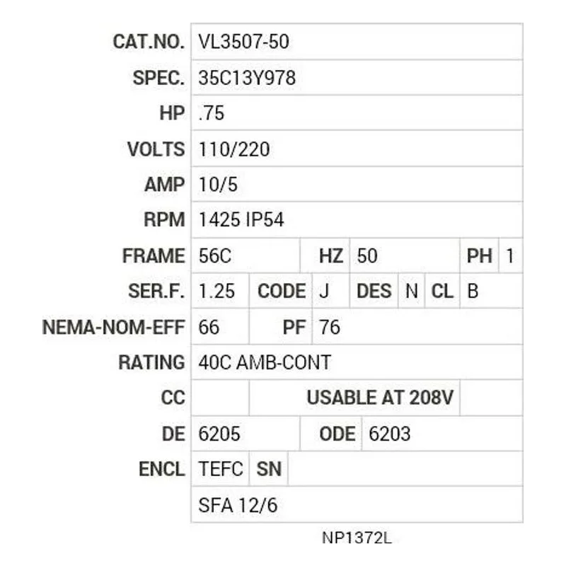 VL3507-50 Baldor .75 HP, 1425 RPM, 1 PH, 50 HZ, 56C, 3524L, TEFC, F1 Motor Nameplate - view 2