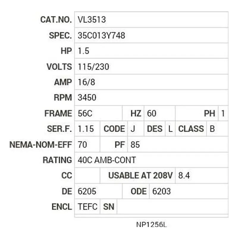 VL3513 Baldor 1.5 HP, 3450 RPM, 1 PH, 60 HZ, 56C, 3524L, TEFC, F1 Motor Nameplate - view 2