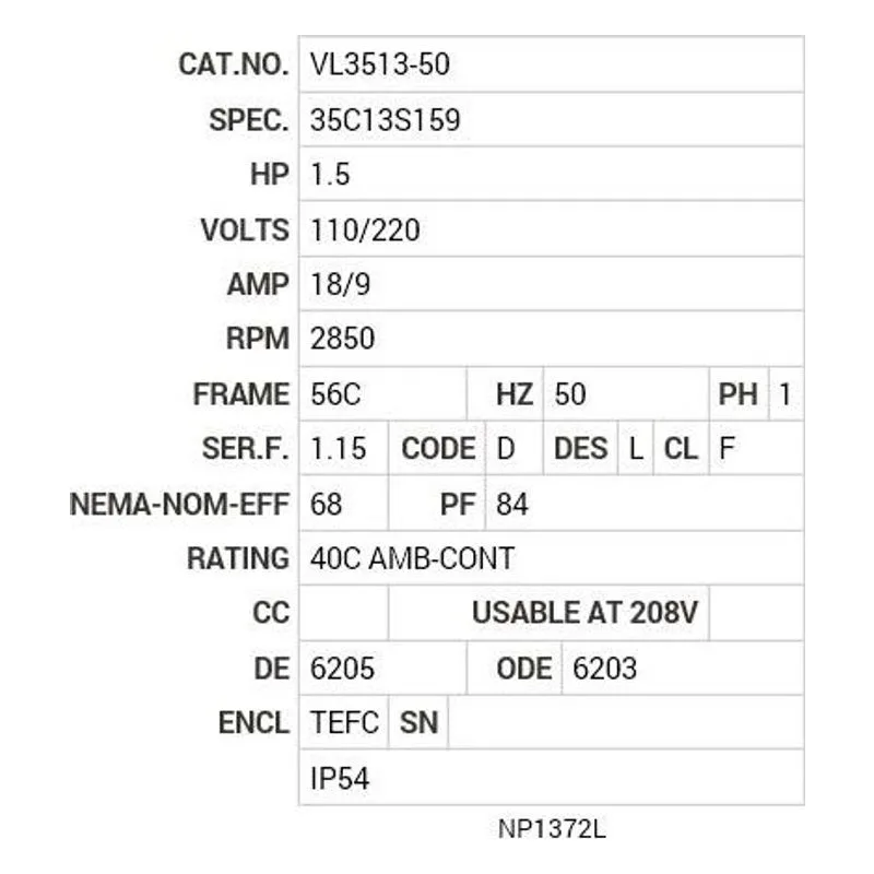 VL3513-50 Baldor 1.5 HP, 2850 RPM, 1 PH, 50 HZ, 56C, 3532L, TEFC, F1 Motor Nameplate - view 2