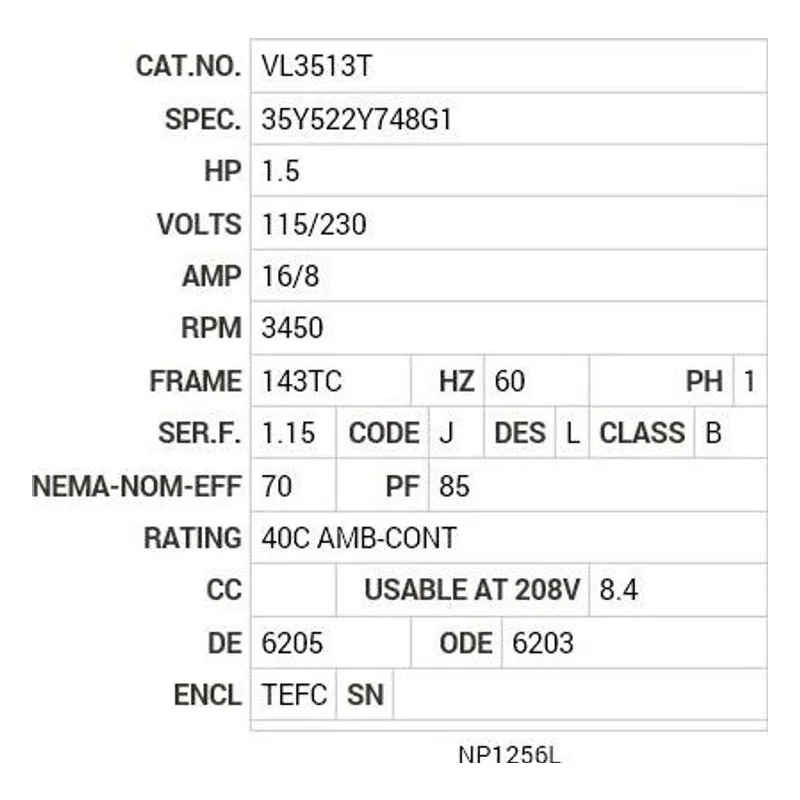 VL3513T Baldor 1.5 HP, 3450 RPM, 1 PH, 60 HZ, 143TC, 3524L, TEFC Motor Nameplate - view 2