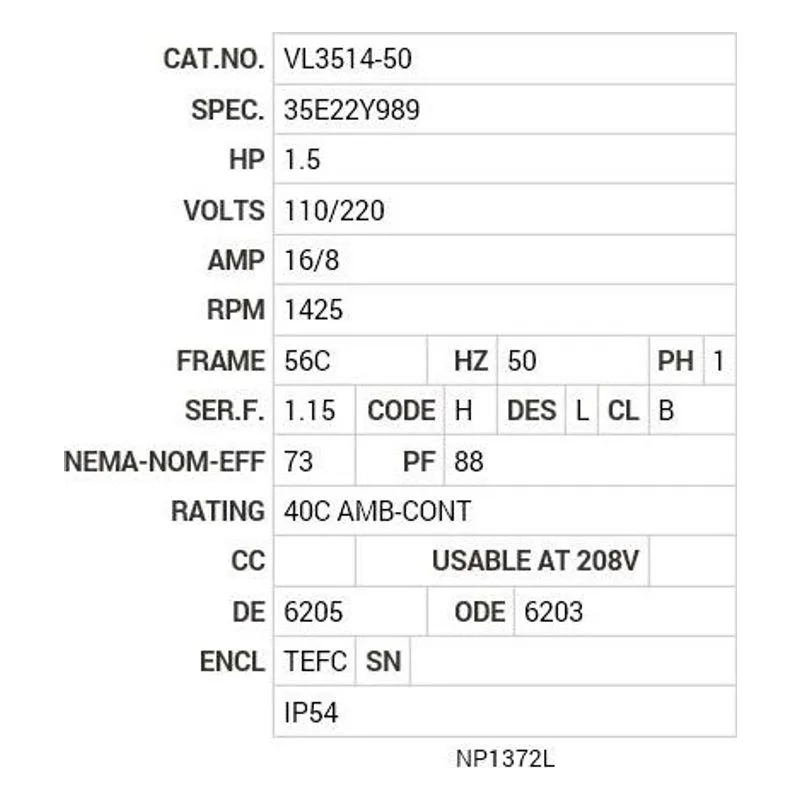 VL3514-50 Baldor 1.5 HP, 1425 RPM, 1 PH, 50 HZ, 56C, 3535LC, TEFC Motor Nameplate - view 2