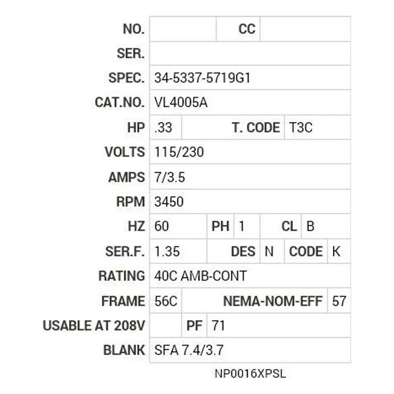 VL4005A Baldor 1/3HP/3450 RPM/1PH/NEMA 56C Motor Nameplate - view 2