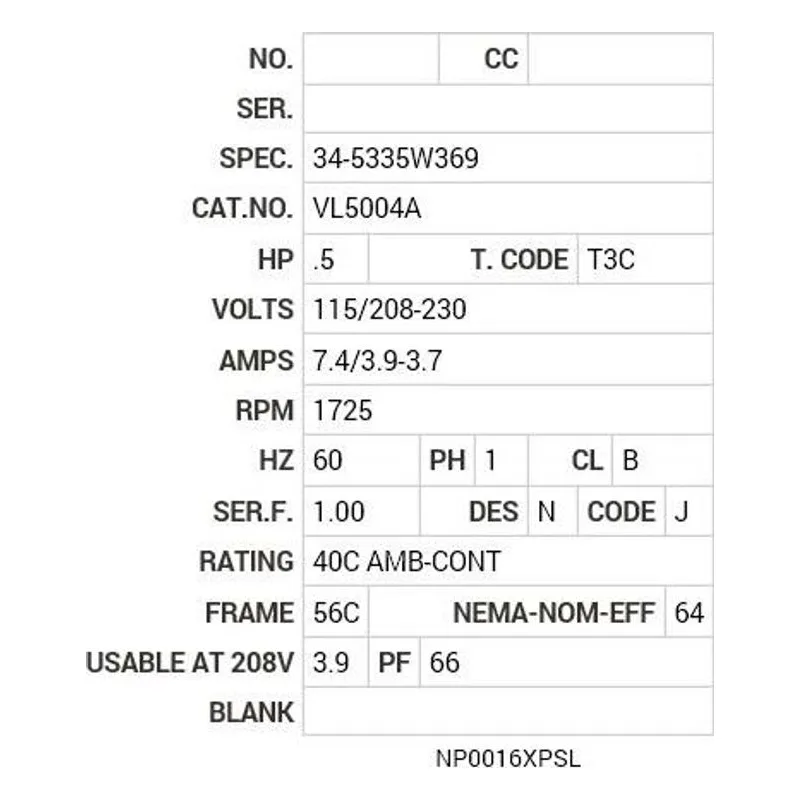 VL5004A Baldor .5 HP, 1725 RPM, 1 PH, 60 HZ, 56C, X3424L, XPFC, F1 Motor Nameplate - view 2