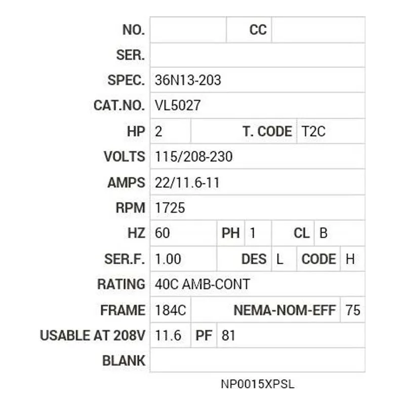 VL5027 Baldor 2 HP, 1725 RPM, 1 PH, 60 HZ, 184C, X3634L, XPFC, F1 Motor Nameplate - view 2