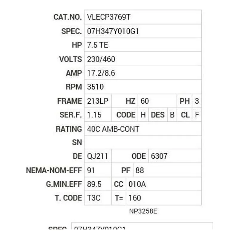 VLECP3769T Baldor 7.5 HP, 3510 RPM, 3 PH, 60 HZ, 213LP, 0731M, TEFC Motor Nameplate - view 2