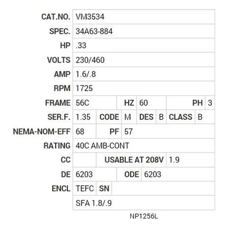 VM3534 Baldor .33 HP, 1725 RPM, 3 PH, 60 HZ, 56C, 3413M, TEFC, F1 Motor Nameplate - view 2
