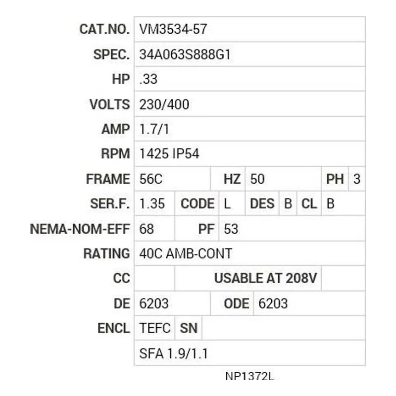 VM3534-57 Baldor .33 HP, 1425 IP44 RPM, 3 PH, 50 HZ, 56C, 3413M, TE Motor Nameplate - view 2