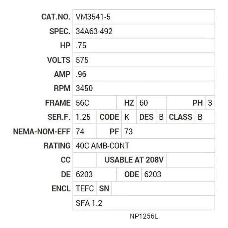 VM3541-5 Baldor .75 HP, 3450 RPM, 3 PH, 60 HZ, 56C, 3413M, TEFC, F1 Motor Nameplate - view 2