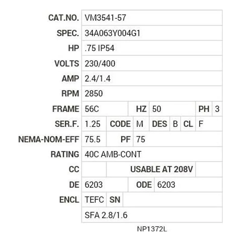 VM3541-57 Baldor AC MTR .56KW 2P, 3 PH, 240/415V, 50 HZ, 56C Motor Nameplate - view 2