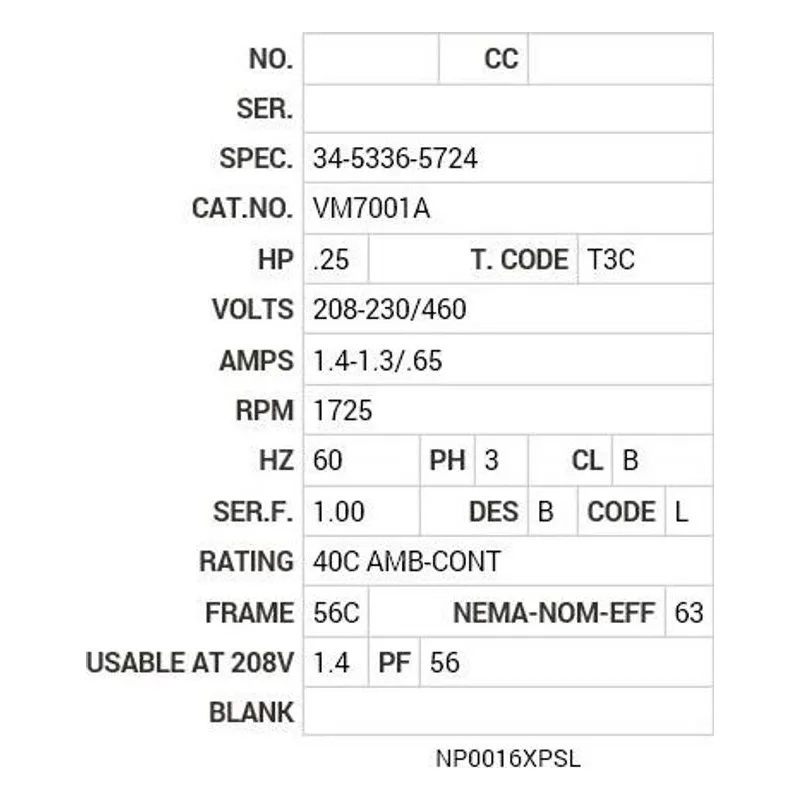 VM7001A Baldor VM7001A Motor Nameplate - view 2