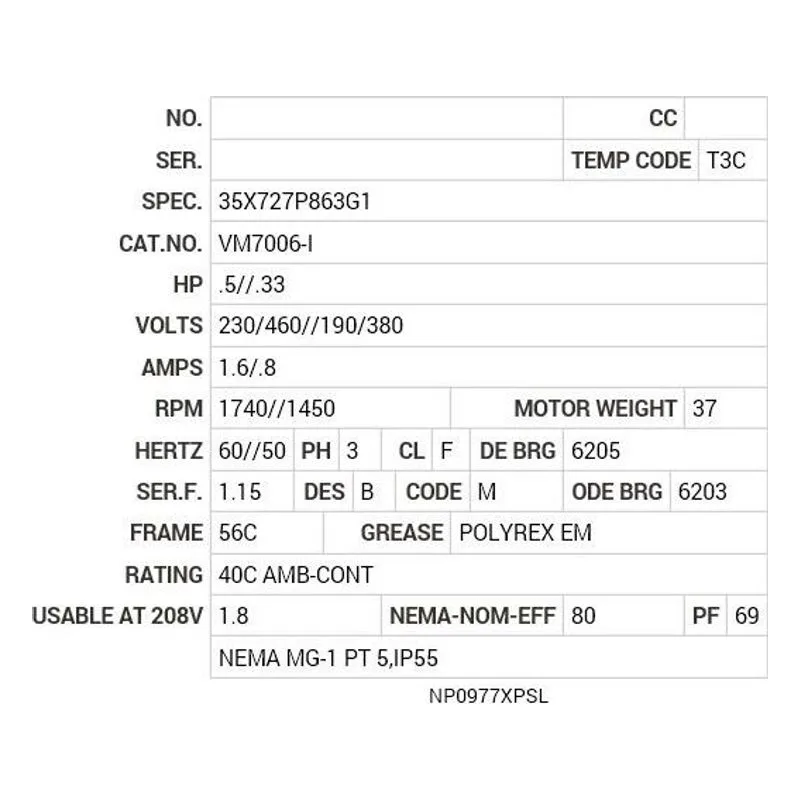 VM7006-I Baldor .5//.33 HP, 1740//1450 RPM, 3 PH, 60//50 HZ, 56C Motor Nameplate - view 2
