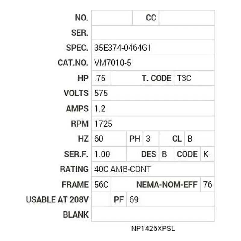 VM7010-5 Baldor .75 HP, 1725 RPM, 3 PH, 60 HZ, 56C, X3513M, XPFC Motor Nameplate - view 2