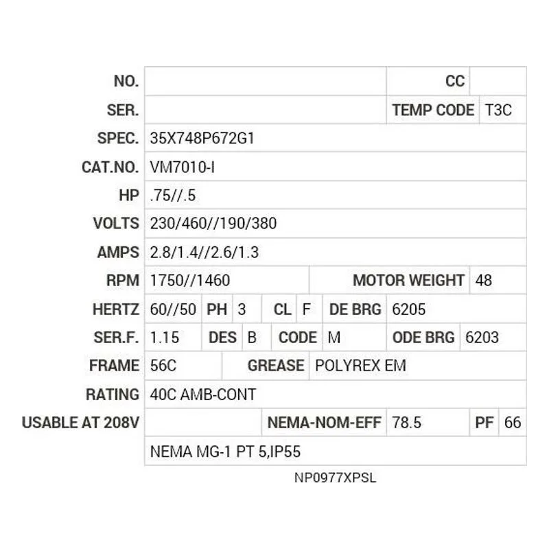 VM7010-I Baldor .75//.5 HP, 1750//1460 RPM, 3 PH, 60//50 HZ, 56C Motor Nameplate - view 2