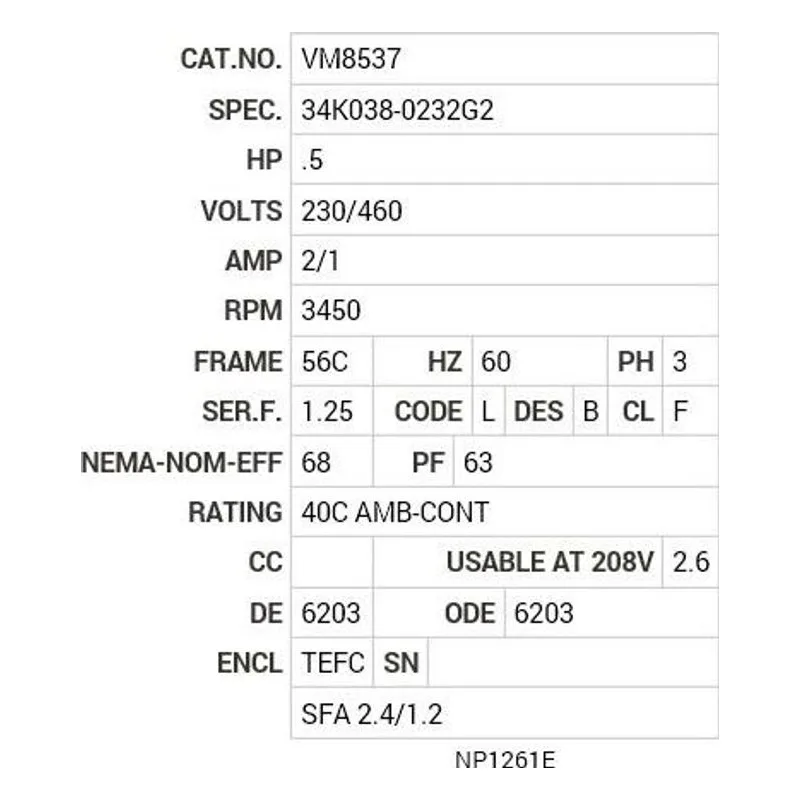 VM8537 Baldor .5 HP, 3450 RPM, 3 PH, 60 HZ, 56C, 3410M, TEFC, F1 Motor Nameplate - view 2