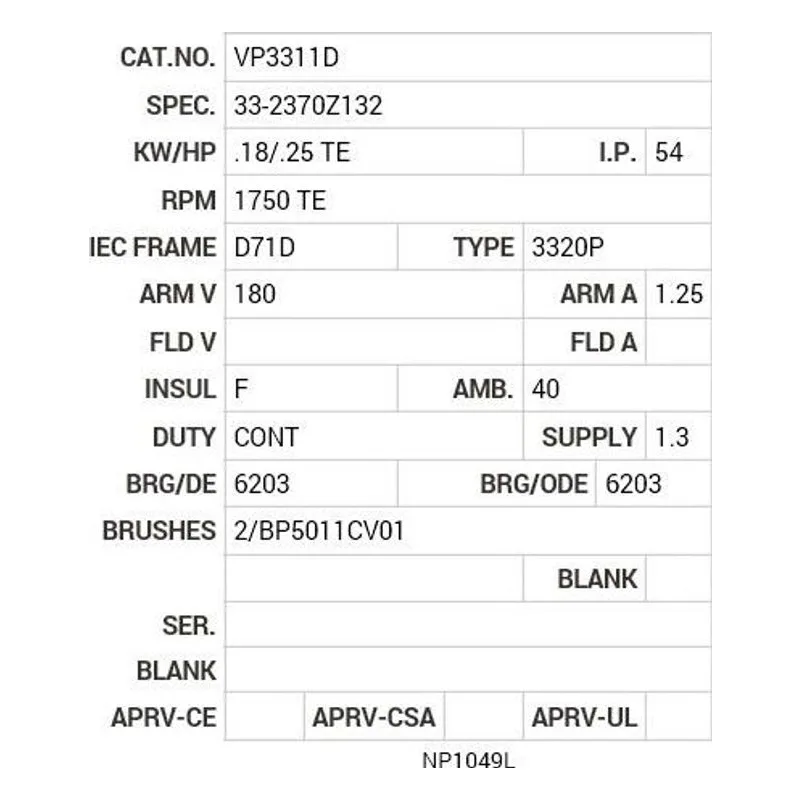 VP3311D Baldor .18/.25 HP, 1750 RPM, DC, D71D, 3320P, TENV, F2 Motor Nameplate - view 2