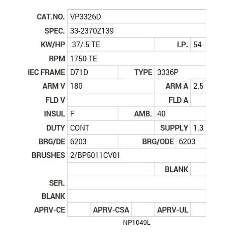VP3326D Baldor .37/.5 HP, 1750 RPM, DC, D71D, 3336P, TENV, F2 Motor Nameplate - view 2