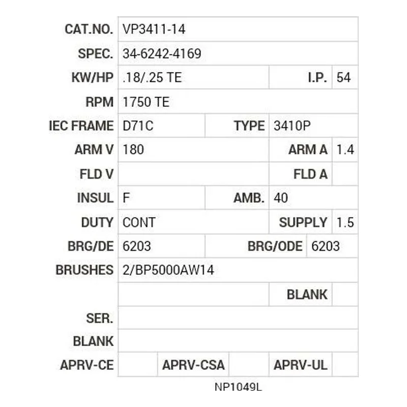 VP3411-14 Baldor .18/.25 HP, 1750 RPM, DC, D71C, 3410P, TEFC, F2 Motor Nameplate - view 2