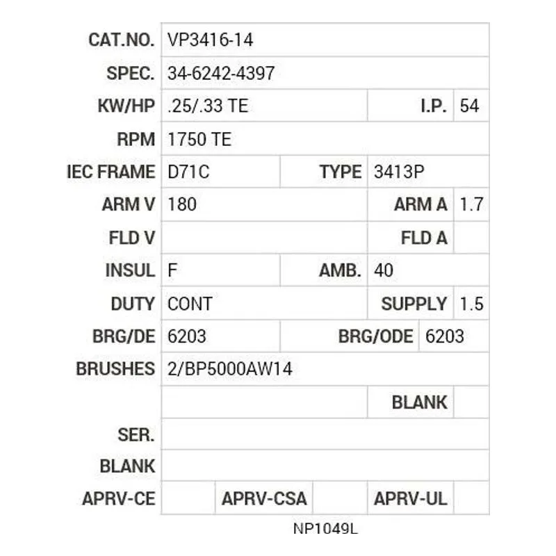 VP3416-14 Baldor .25/.33 HP, 1750 RPM, DC, D71C, 3413P, TEFC, F2 Motor Nameplate - view 2