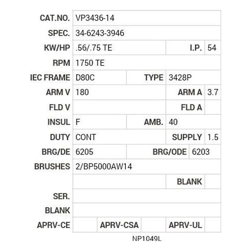 VP3436-14 Baldor .56/.75 HP, 1750 RPM, DC, D80C, 3428P, TEFC, F2 Motor Nameplate - view 2