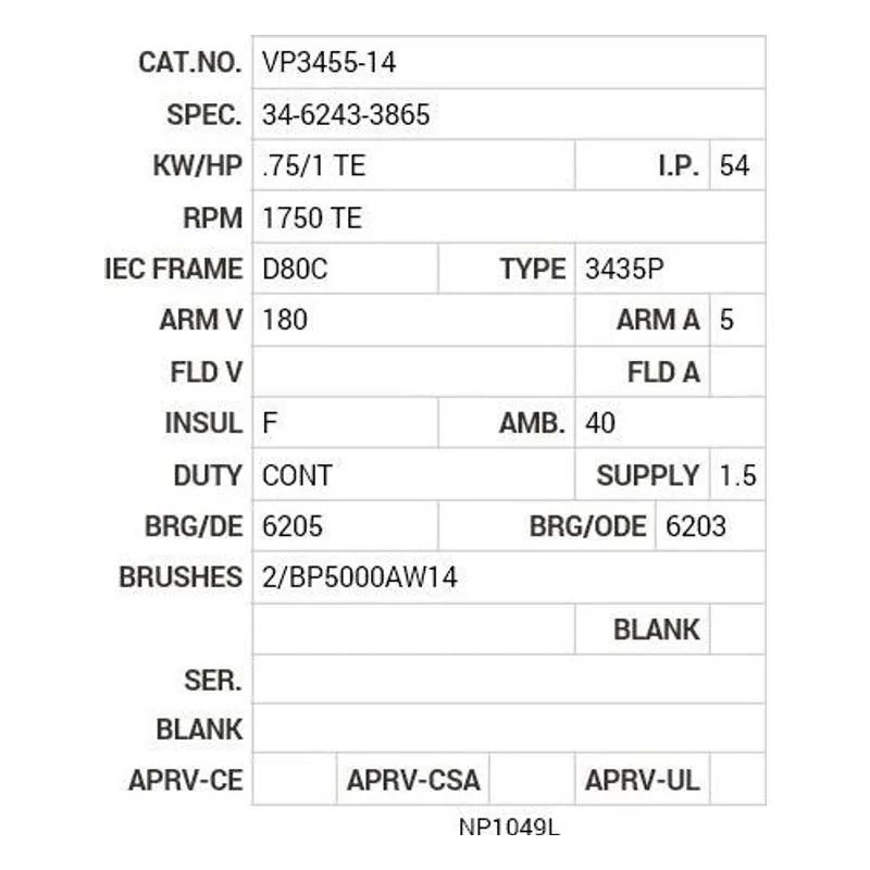 VP3455-14 Baldor .75/1 HP, 1750 RPM, DC, D80C, 3435P, TEFC, F2 Motor Nameplate - view 2