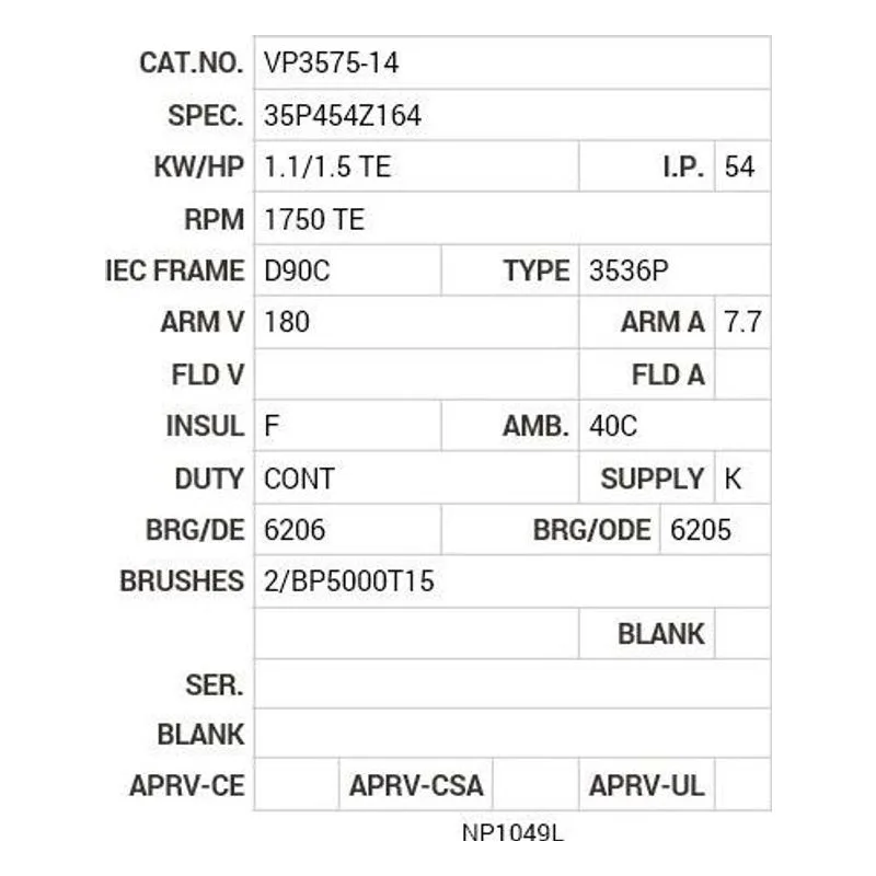 VP3575-14 Baldor 1.1/1.5 HP, 1750 RPM, DC, D90C, 3536P, TEFC, F2 Motor Nameplate - view 2
