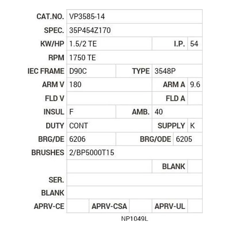 VP3585-14 Baldor 1.5/2 HP, 1750 RPM, DC, D90C, 3548P, TEFC, F2 Motor Nameplate - view 2