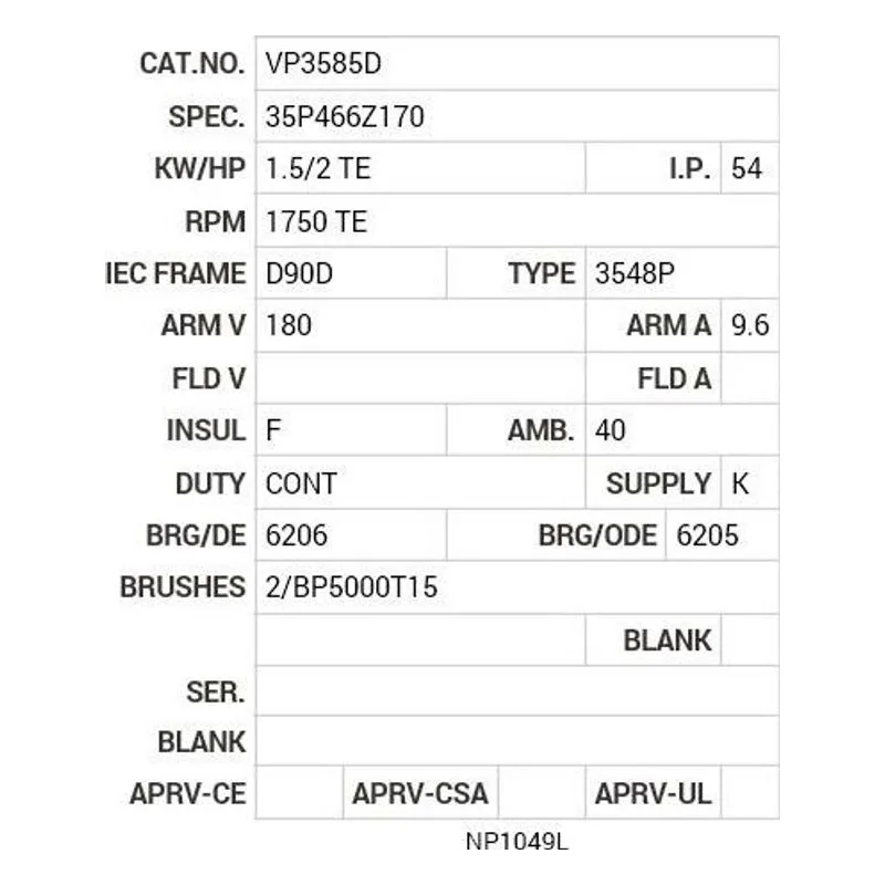 VP3585D Baldor 1.5/2 HP, 1750 RPM, DC, D90D, 3548P, TEFC, F2 Motor Nameplate - view 2