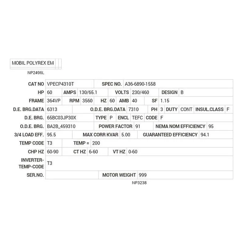 VPECP4310T Baldor 60 HP, 3560 RPM, 3 PH, 60 HZ, 364VP, TEFC, V1 Motor Nameplate - view 2