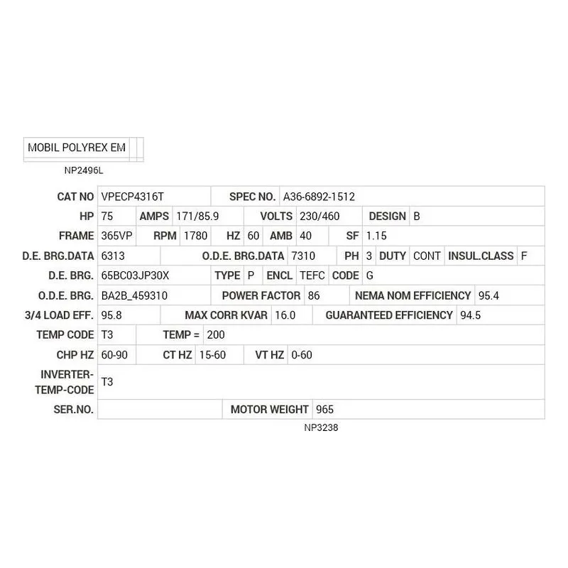 VPECP4316T Baldor 75 HP, 1780 RPM, 3 PH, 60 HZ, 365VP, TEFC, V1 Motor Nameplate - view 2