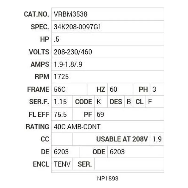 VRBM3538 Baldor .5 HP, 1725 RPM, 3 PH, 60 HZ, 56C, BRAKE, 3420M Motor Nameplate - view 2