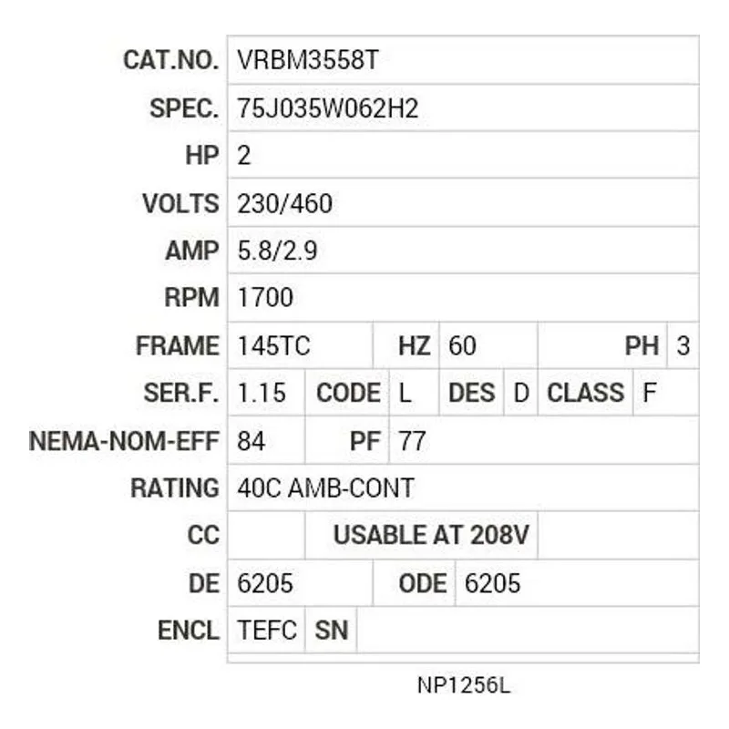 VRBM3558T Baldor 2 HP, 1700 RPM, 3 PH, 60 HZ, 145TC, 7536M, TEFC, F1 Motor Nameplate - view 2