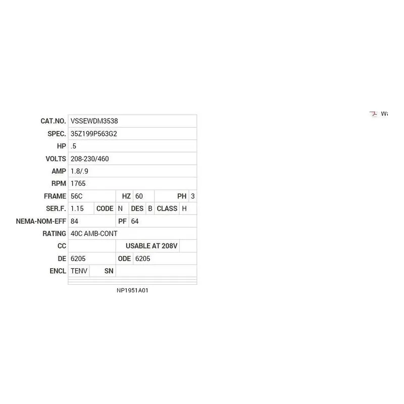VSSEWDM3538 Baldor .5 HP, 1765 RPM, 3 PH, 60 HZ, 56C, 3516M, TENV, F1 Motor Nameplate - view 2