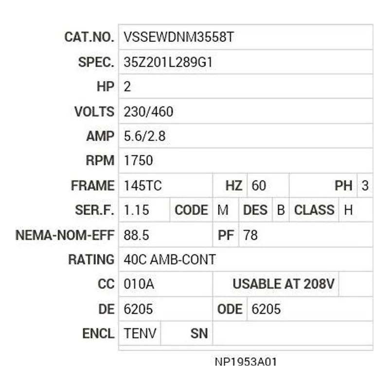 VSSEWDNM3558T Baldor 2 HP, 1755 RPM, 3 PH, 60 HZ, 145TC, 3546M, TENV, F1 Motor Nameplate - view 2