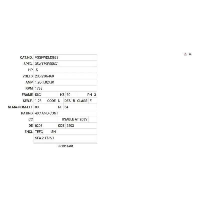 VSSFWDM3538 Baldor .5 HP, 1755 RPM, 3 PH, 60 HZ, 56C, 3513M, TEFC, F1 Motor Nameplate - view 2