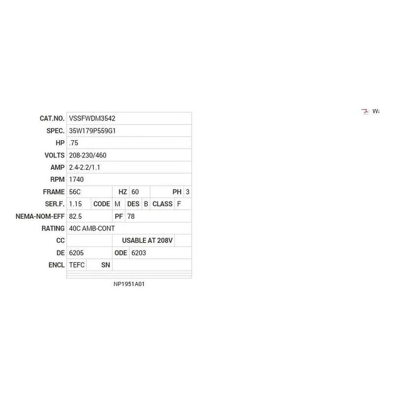 VSSFWDM3542 Baldor .75 HP, 1740 RPM, 3 PH, 60 HZ, 56C, 3519M, TEFC, F1 Motor Nameplate - view 2