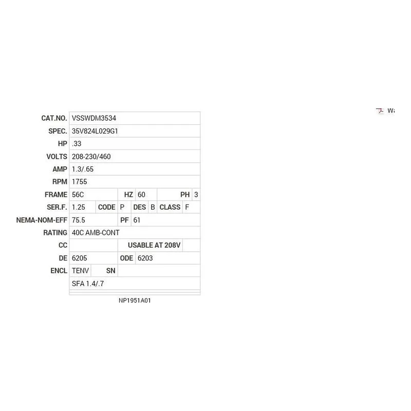 VSSWDM3534 Baldor .33 HP, 1755 RPM, 3 PH, 60 HZ, 56C, 3512M, TENV, F1 Motor Nameplate - view 2